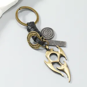Vintage metal flame totem keychain with black leather braided rope for men pants chain