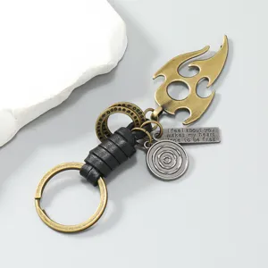 Vintage bronze metal flame keychain with leather braided rope and engraved metal tag for men style.