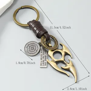 Vintage metal leather keychain with flame totem pendant, retro style for men's car keys.
