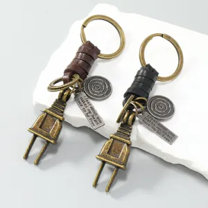 Vintage Industrial Metal Plug Keychain Braided Genuine Cowhide Leather Rope Car Key Ring Men Waist Pants Chain Hanging Ornament Gift