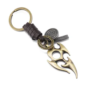 Vintage retro metal flame totem keychain with braided leather rope for men car keys pants chain