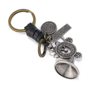 Retro steampunk metal keychain with leather cord, vintage horn and clock charms for men