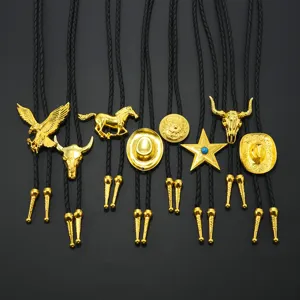 Vintage Western Cowboy Bolo Tie Alloy Pendant Braided Leather Rope Necklace Jewelry Men Women Retro Bull Eagle Horse Hat