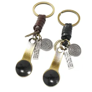 Retro metalen lepel sleutelhanger met leren touw, vintage sleutelhanger voor tassen.