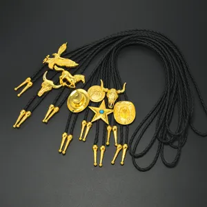 Western cowboy bolo tie metal leather rope necklace with gold bull eagle hat star pendant