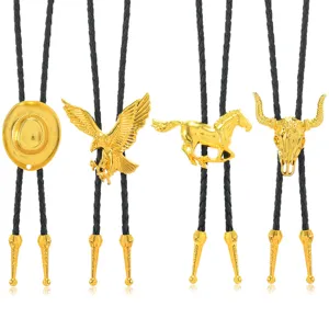 Western cowboy bolo tie featuring gold metal pendant and black braided leather cord main view