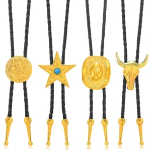 Western cowboy metal bolo tie with black leather cord and gold tone pendant styles.