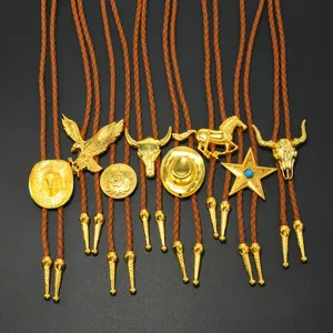 Vintage Western Cowboy Bolo Tie Alloy Metal Pendant PU Leather Braided Cord Necklace Unisex Retro Charm Sweater Neckwear Party Accessory Jewelry