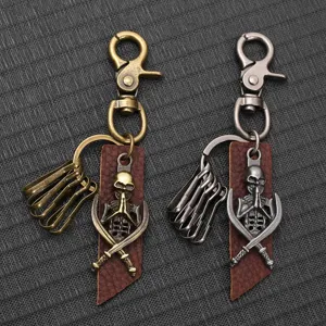 Porte-Clés en Cuir Rétro Crâne Gothique Punk Épées Croisées Crochet Métallique Taille Pantalon Pendentif pour Halloween