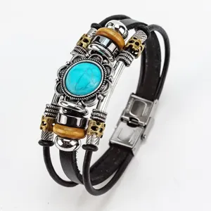 Pulsera de cuero de múltiples capas vintage con piedra turquesa central y cierre de acero.