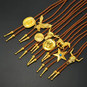 Vintage western cowboy bolo tie with braided PU leather rope and golden metal pendants.