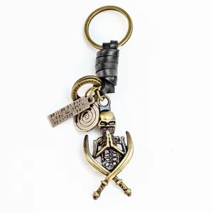 Llavero de calavera de cuero retro con colgante de espada esqueleto para regalo hombre