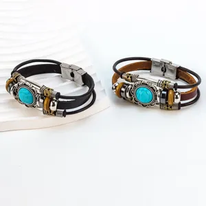 Pulsera de cuero multicapa vintage con turquiza y cierre de acero inoxidable para hombres