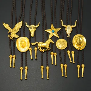 Vintage Western Cowboy Bolo Tie Golden Alloy Animal Pendant PU Leather Rope Necklace For Men Women Retro Neck Jewelry