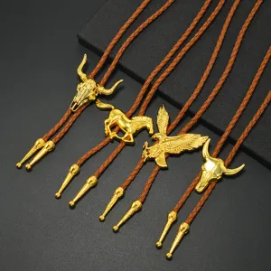 Vintage western cowboy bolo tie with braided PU leather rope and gold metal pendants.