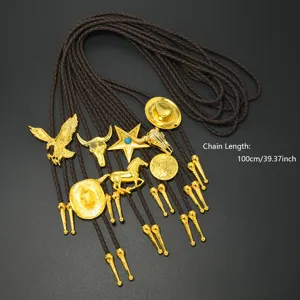 Vintage Western Bolo Tie Golden Animal Pendants Braided Leather Necklace Jewelry