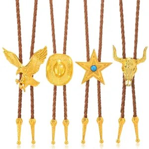 Vintage Western Cowboy Bolo Tie PU Leather Rope Necklace with Metal Animal Pendants