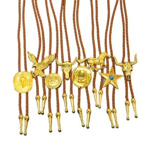 Vintage Western Cowboy Bolo Tie Set Gold Metal Pendant Braided Leather Necktie Unisex