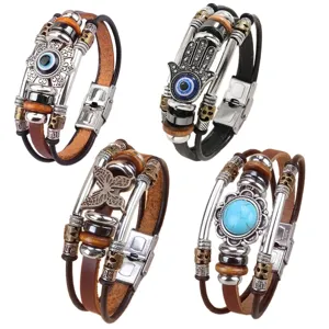 Pulsera de cuero multicapa vintage para hombre mujer joyas hebilla acero inoxidable