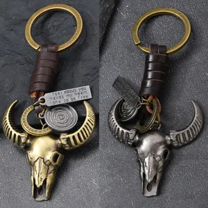Llavero de Calavera de Toro de Metal Retro Cuero Trenzado Vintage Punk Cuerno de Buey Soporte Llaves Coche Cadena Pantalon Hombre
