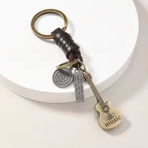 Retro leather metal guitar keychain vintage alloy bag charm key ring accessory decor