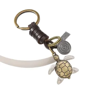 Vintage leather turtle keychain vintage metal keyring bag charm accessory gift for men women