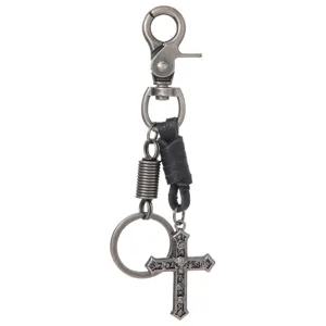 Portachiavi a Croce in Metallo Punk Vintage Pelle di Vacchetta Intrecciato Anello Portachiavi Gotico Teschio Ciondolo Auto Borsa Regalo