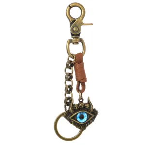 Retro punk evil eye keychain vintage bronze metal cowhide braided bag charm car pendant.