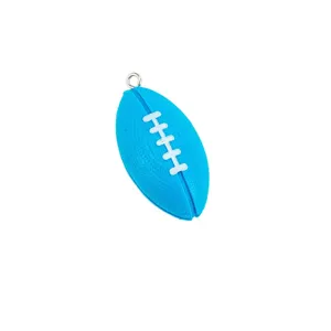 Mini blue rugby football pendant charm with white laces and metal ring for DIY jewelry making.