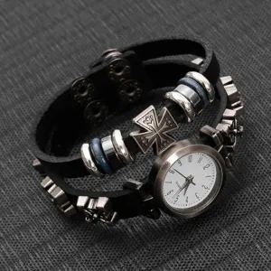 Montre bracelet en cuir style punk vintage pour hommes et femmes montre quartz élégante