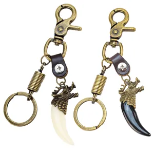 Vintage Chinese dragon keychain with genuine leather ring and alloy spring clasp.