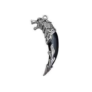Retro silver wolf tooth pendant detail, domineering wolf head metal accessory for DIY necklaces.