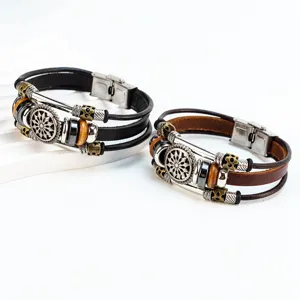 Pulsera multicapa de cuero genuino con cierre de acero inoxidable y dije de girasol vintage.