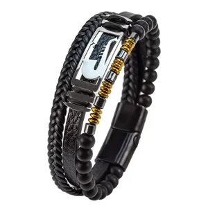 Pulsera hombre multicapa cuero saxofón acero inoxidable cuentas cierre magnético