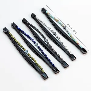 Pulsera de cuero trenzado multicapa con cuentas de piedra natural y cruz para hombres y mujeres.