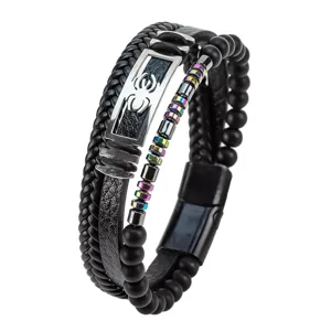 Multi-layer leather bracelet with stainless steel plate, colorful beads and magnetic clasp.