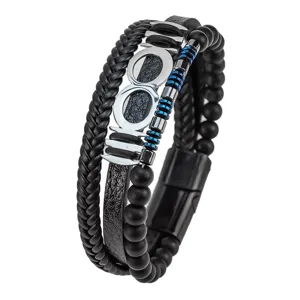 Pulsera de cuero multicapa para hombre de acero inoxidable cuenta infinito cierre magnético