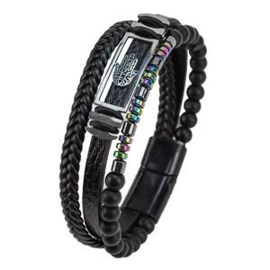 Men's multi-layer leather bracelet stainless steel beaded detail jewelry accessory