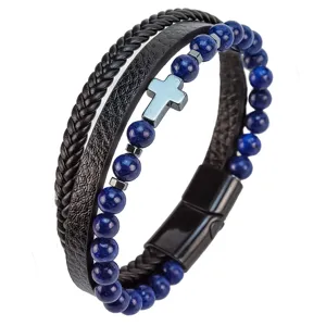 Brazalete Retro Multicapa Trenzado de Cuero con Cuentas de Piedra Natural y Cruz Cierre Magnético Unisex Punk Rock Joyería
