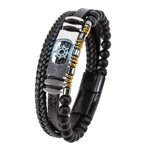 Pulsera de cuero multicapa para hombre dije de timón de acero inoxidable cuentas negras
