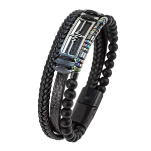 Men's multi-layer leather bracelet with black beads, stainless steel ECG charm and magnetic clasp.