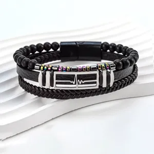 Men multi-layer leather bracelet stainless steel ECG charm colorful beads magnetic clasp