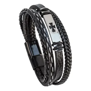 Pulsera de cuero trenzado multicapa para hombre con cruz de acero inoxidable y cierre.