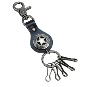 Retro alloy leather keychain with five pointed star and lobster clasp for keys and bags.