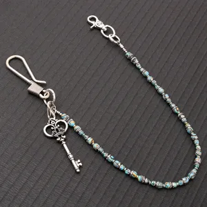 Retro metal wallet chain with beads key pendant, vintage hip hop punk trousers pant chain unisex.