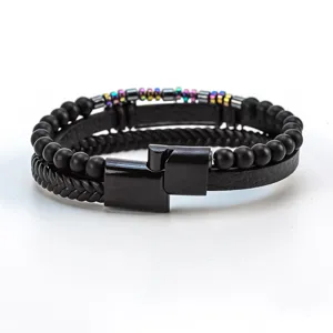 Pulsera de cuero multicapa para hombre con cuentas negras cierre magnético de acero