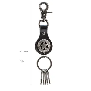 Vintage star leather keychain with lobster clasp and key rings, 17.5cm retro metal accessory.