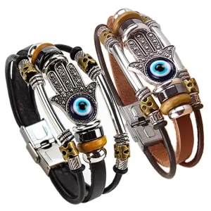 Pulsera de Cuero Trenzado Multicapa Retro para Hombre Mujer Hebilla de Reloj de Acero Inoxidable Mano de Fátima Mal de Ojo Pulsera Étnica Punk