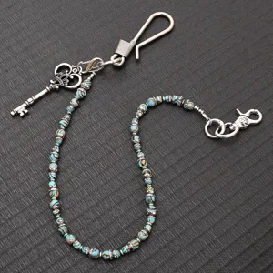 Vintage metal wallet chain with blue beads and key pendant hip hop rock jean pants chain