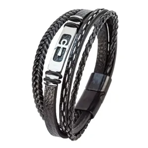 Pulsera de hombre multicapa de cuero trenzado acero inoxidable cruz cierre magnético.